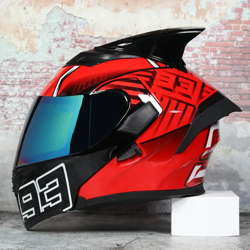 JIEKAI Motorcycle Flip Up Helmet Personality Horn Tail Motorbike Motocross Shark Moto Helmet Technology Design Full Face Casco
