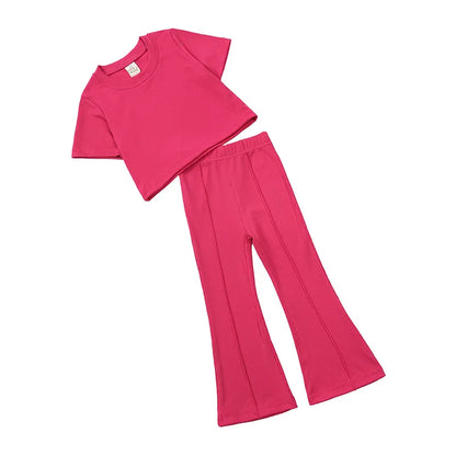 Summer Girls Bell Bottom Outfits 2Pcs Solid T-Shirt Tops + Flared Pants Suit Toddler Kids Fashion Tracksuit Children Clothes