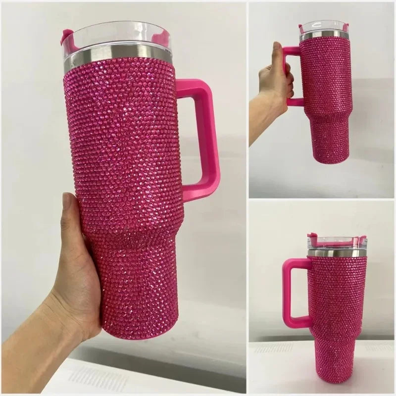 40oz Rhinestone Tumbler Stainless Steel Straw Women Cup Shiny Diamond Travel Car Thermoses Coffee Mug Water Bottle Drinkware