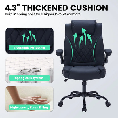 Heavy-Duty Leather Executive Office Chair Ergonomic Desk Chair with Lumbar Support, Flip-Up Arms, Tilt Lock & Swivel Wheels