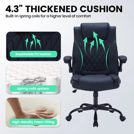 Heavy-Duty Leather Executive Office Chair Ergonomic Desk Chair with Lumbar Support, Flip-Up Arms, Tilt Lock & Swivel Wheels
