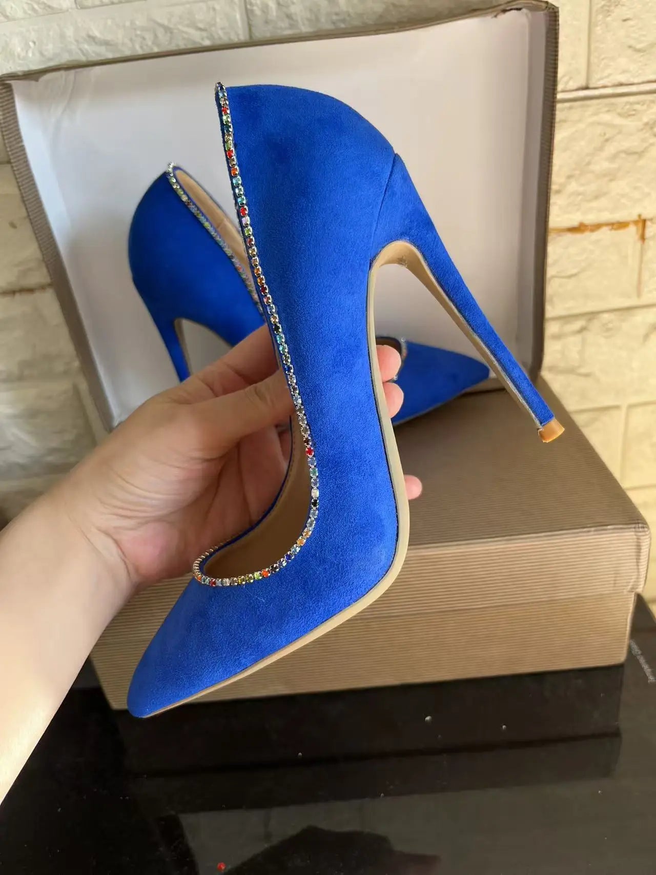 New Style Fashion Women Pumps Blues Suede Rhinestone Shallow Mouth High Heels Single Shoes Pointy Toe Stiletto Party Lady Shoes