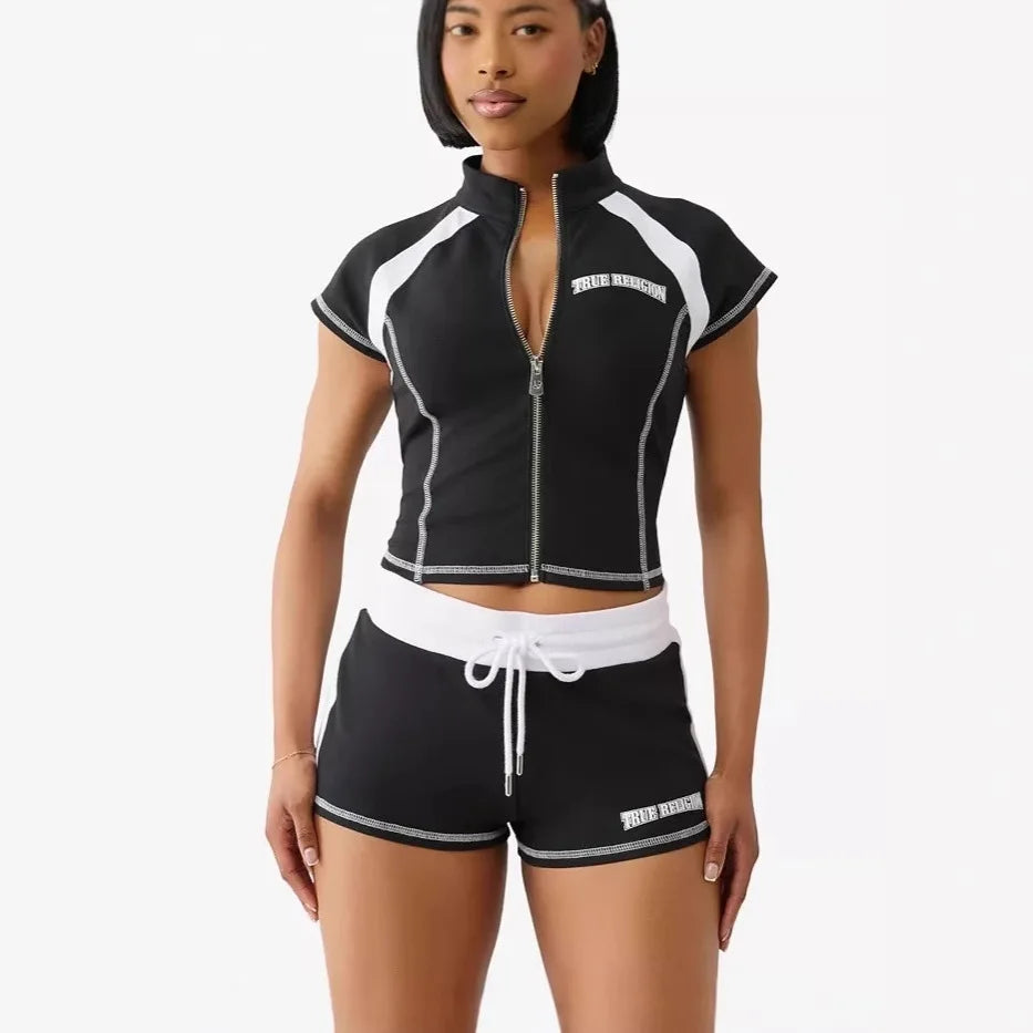 2025 Summer European and American Street Spice Girl Style Zipper Cardigan Slim Casual Sports Short-sleeved T-shirt Top Set