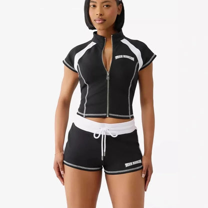 2025 Summer European and American Street Spice Girl Style Zipper Cardigan Slim Casual Sports Short-sleeved T-shirt Top Set