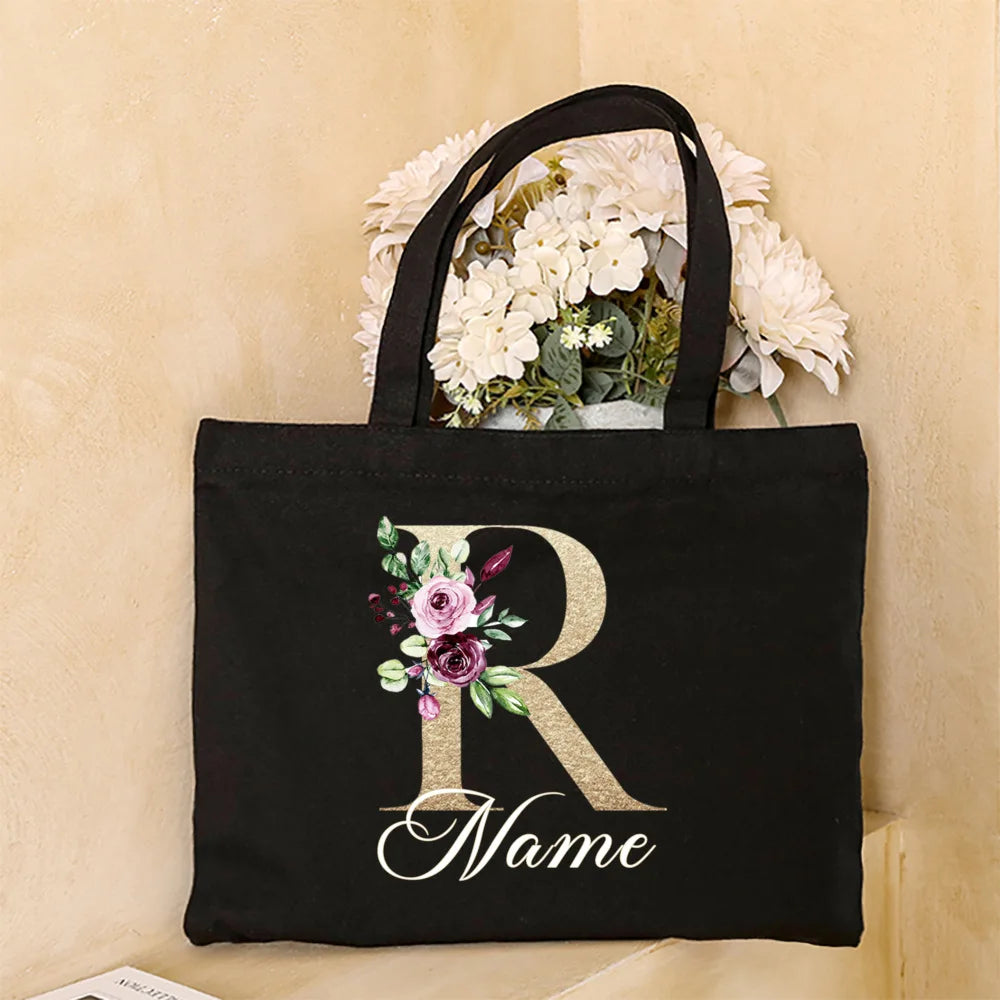 Personalized Initial with Name Tote Bag Women Canvas Shoulder Bags Monogram Shopping Bag Handbags Birthday Wedding Gifts for Her