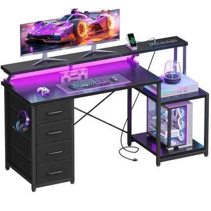 55 Inch Computer Desk with 4 Drawers, Office Desk with Power Outlets, Printer Shelf & Storage Shelves, Large, Customized