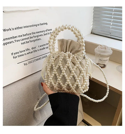 Women Pearl Bag Small Mini Tote Bucket Bag Woven Crossbody Hand Bags for Women Coin Purse Wallet Handbag Ladies Shoulder Bags