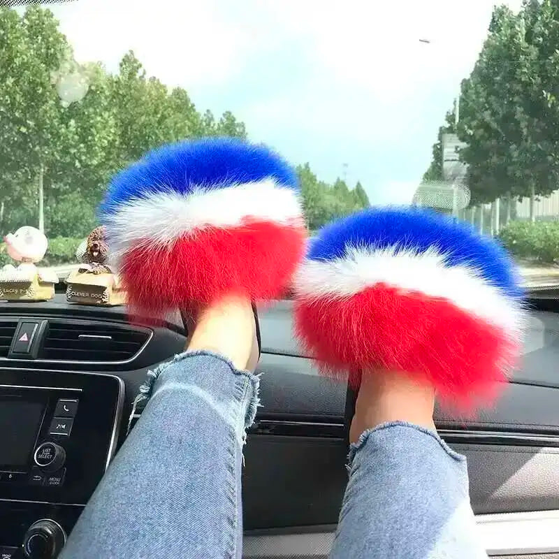 Fur Slippers Women Summer Fluffy Plush Casual Fluffy Flat Non-Slip Real Fox Fur Slides Outdoor Flat Ladies Sandals Flip Flops