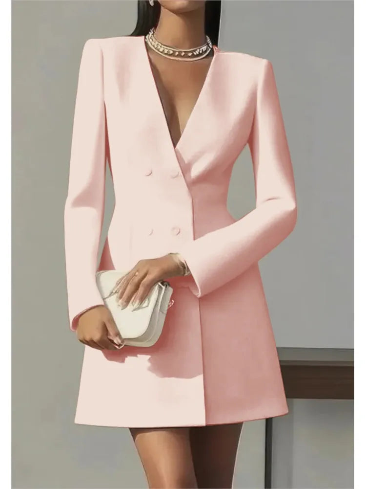 Women's Fashion Solid Button Blazer Short Dresses Autumn Winter Sexy V-neck Party Dress  Office Ladies Long Sleeve Slim Dress