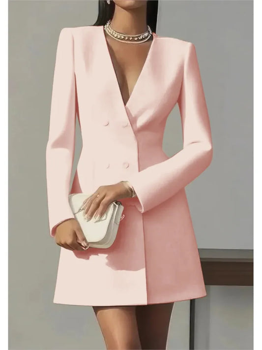 Women's Fashion Solid Button Blazer Short Dresses Autumn Winter Sexy V-neck Party Dress  Office Ladies Long Sleeve Slim Dress