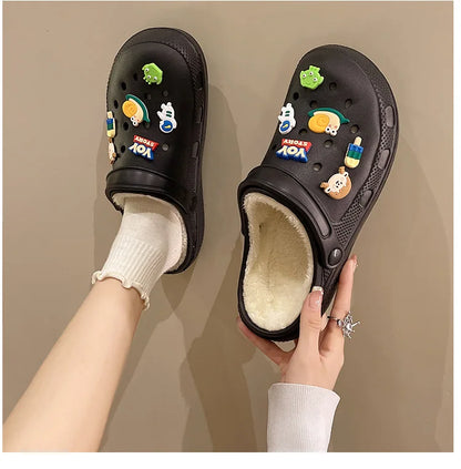 Winter Women Slippers Platform Clogs Warm Furry Slippers Fur Indoor Home Cotton Shoes Female Fluffy Slides Plush Slippers