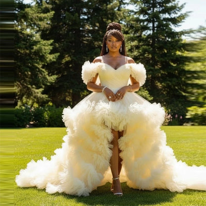 Cream Tulle Off Shoulder High Low Prom Dress  Ruffle Puff Sleeve Tiered Formal Evening Gown for Women Wedding Party