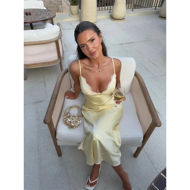 Lace Patchwork Sling Women's Dress Sexy Solid V-neck Sleeveless Backless Stain Female Maxi Dress 2026 Elegant Summer Party Gowns