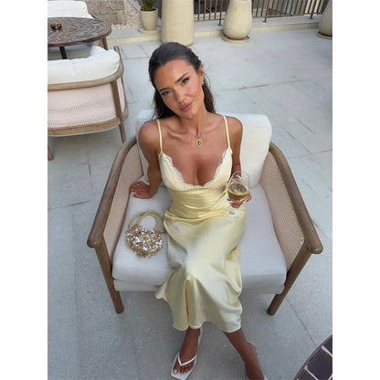 Lace Patchwork Sling Women's Dress Sexy Solid V-neck Sleeveless Backless Stain Female Maxi Dress 2026 Elegant Summer Party Gowns