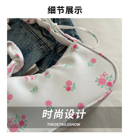 Gentle and Sweet Flower Canvas Bag for Women 2025 New Drawstring Shoulder Bag High Beauty Broken Flower Bow