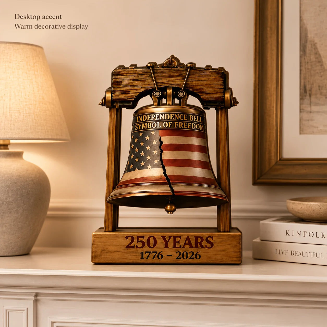 1 Piece American 250Th Anniversary Liberty Bell Wooden Desktop Decoration, Patriotic Independence Day Desktop Ornament, 1776-2026 Liberty Bell Woodworking Craft Emblem, Suitable for Home, Office, Bookshelf, and Party Decorati