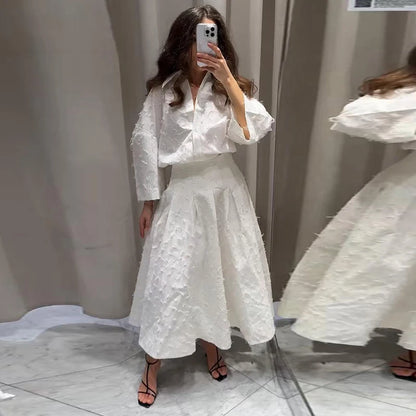 Elegant Fringe Skirts Sets 2 Pieces Women Lapel Buttons Long Sleeve Blouses Pleated A-line Long Skirts 2025 Summer Chic Outfits