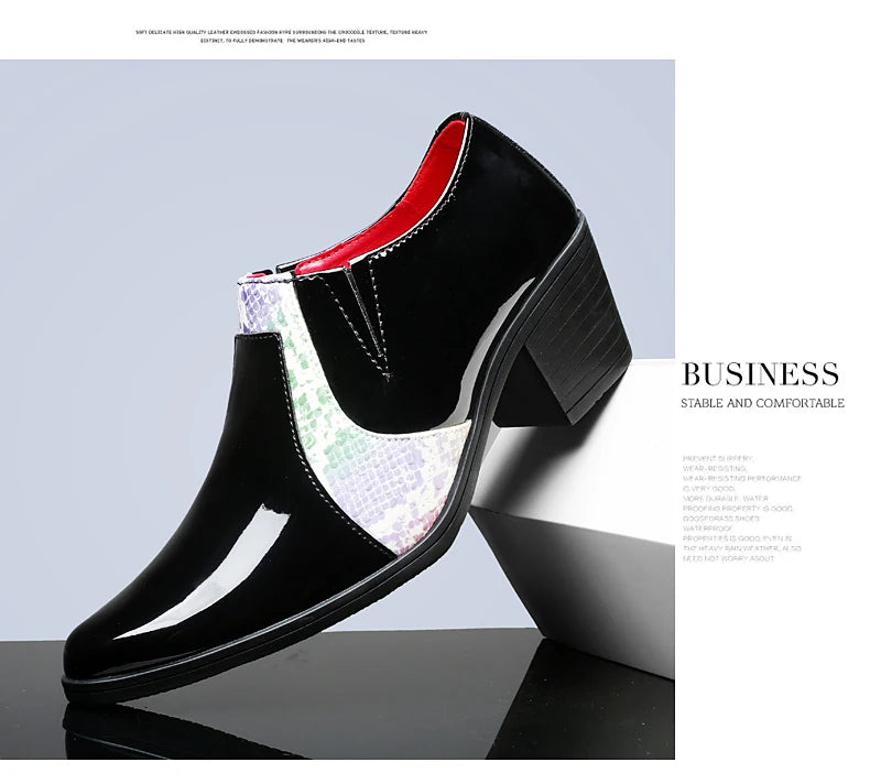 Black Pu Leather Business Dress High Heel Men's Shoes Pointed Toe Slip-on Elegant Party Wedding Shoes Thick Bottom Plus Size