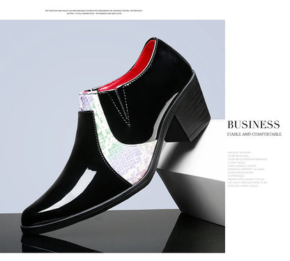 Black Pu Leather Business Dress High Heel Men's Shoes Pointed Toe Slip-on Elegant Party Wedding Shoes Thick Bottom Plus Size