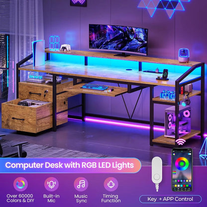 63" Computer Desk, Office Desk with Lock Drawers for Legal/Letter File, Gaming Desk with LED Light & Power Outlet,, Customized