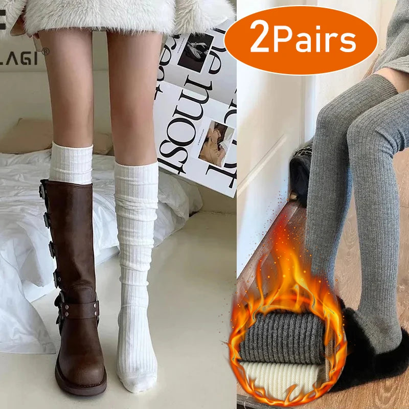 Long Socks Women Soft Wool Cashmere Socks Winter Solid Knitted Stocking Skinny Casual Knee High Fluffy Warm Thicken Girls Socks