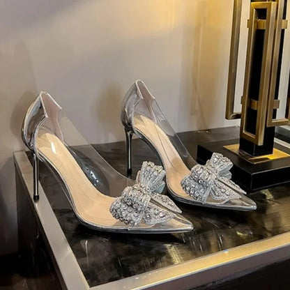 Luxury Pointed Crystal Fairy Ladies Wind Sandals Rhinestone Butterfly-knot Transparent High Heel Pumps Women Fashion Dress Shoes