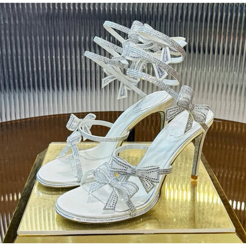 Luxury Rhinestones Mesh Bowknot Snake Coiled Women Gladiator Sandals Sexy Narrow band Thin High heels Summer Wedding Party Shoes