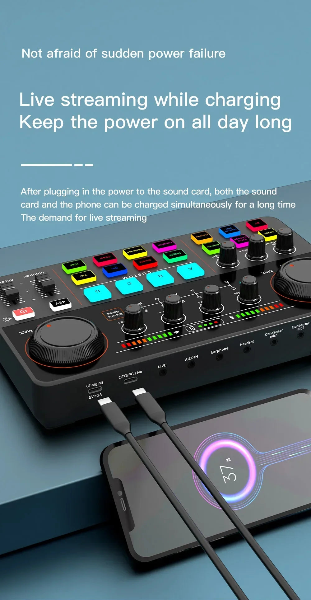 48V Phantom Power Professional Live Sound Card 12 Electronic Tone Sound Card Audio Mixer DJ Controller for For Youtube PC\Phone