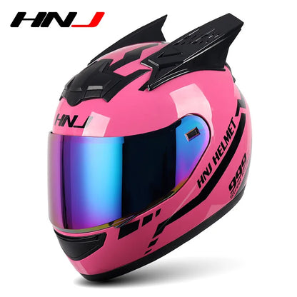 HNJ Men Motorcycle Helmet Women Full Face Helmet Riding Personality Horn Pink Helmet DOT Certification casco moto