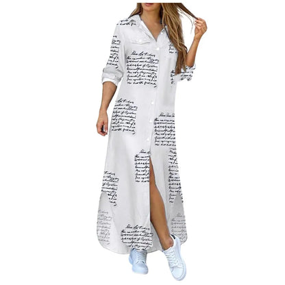 New Autumn Long Dress Long Sleeve Shirt Dress Women Denim Long Dresses Pocket Button Shirt Print Dress Casual Loose Dresses 2023
