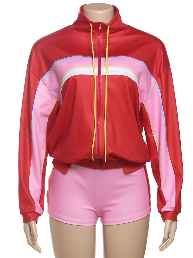 Sisterlinda Panelled Casual 2 Piece Set Hipster Sporty Sweet Zip-up High Collar Full Sleeve Coats+Elastic Waist Shorts Tracksuit