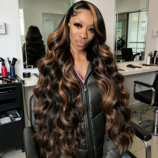 36Inch 1B/30 Highlight Body Wave 13x6 Lace Frontal Human Hair Wigs Ombre Black Brown Colored Preplucked Lace Front Wig For Women