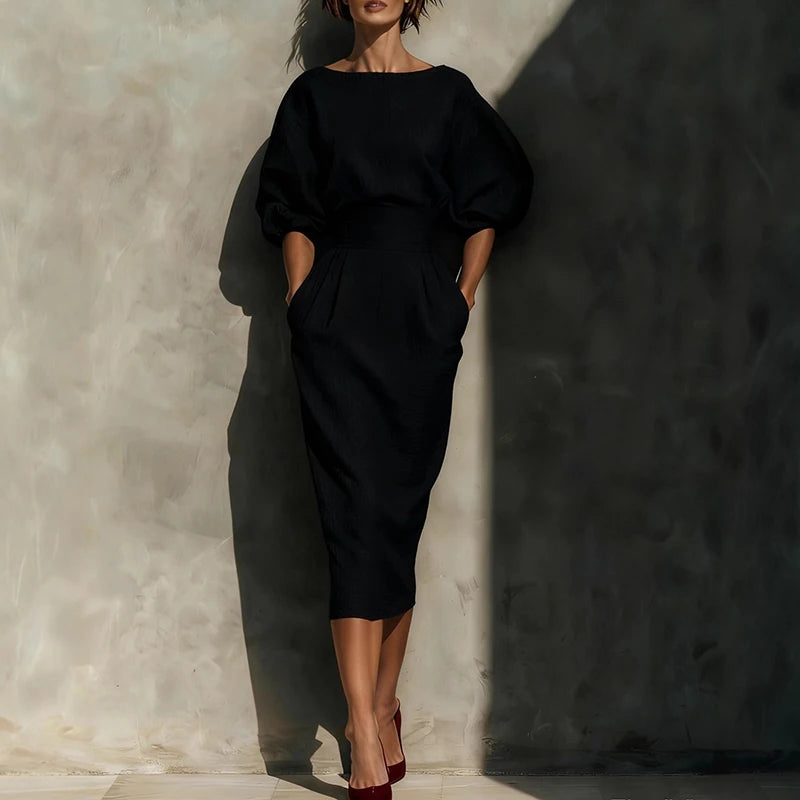 Elegant Fashion Solid Party A-lien Dress Casual O-neck Lantern Sleeve Pocket Dress Temperament High Waist Pleated Wrap Hip Dress