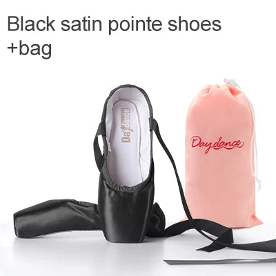 Black Satin Ballet Pointe Shoes Ladies Professional Ballet Shoes Girls Women Ballerina Shoes With Ribbons