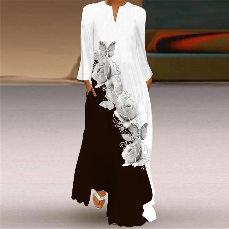 2024 European and American Cross border Women's New Dress V-neck Long sleeved Sexy Printed Large Pocket Foreign Trade Dress