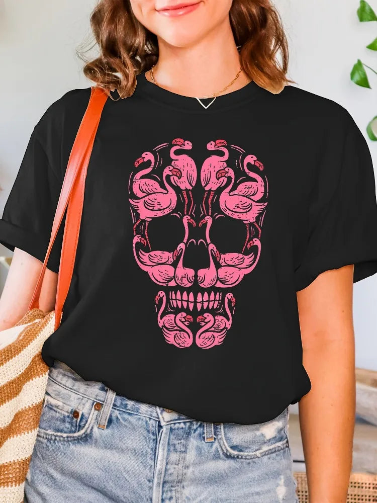 Pink Flamingo Skull Pink Flamingo Skull Breast Cancer Awareness Halloween Print T-Shirt Short Sleeve Crew Neck Casual Top
