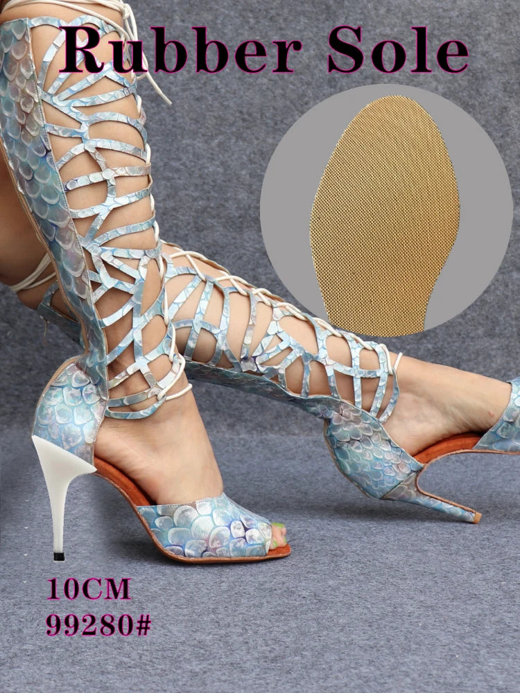 Ladingwu High-end Custom Material Fish Scale Texture Women Dance Shoes Sexy Pole Dance Boots Ladies Wedding Ballroom Shoes