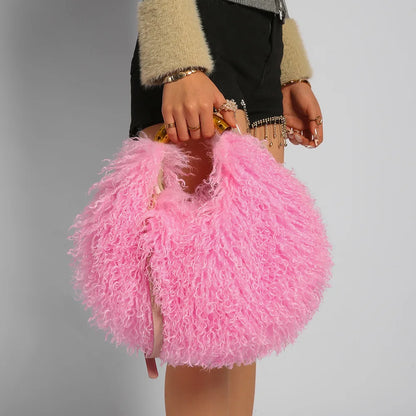 Spice Girl Solid Color Plush Women's Shoulder Bags Exquisite Handle Female Handbag Casual Versatile Furry Ladies Messenger Bag