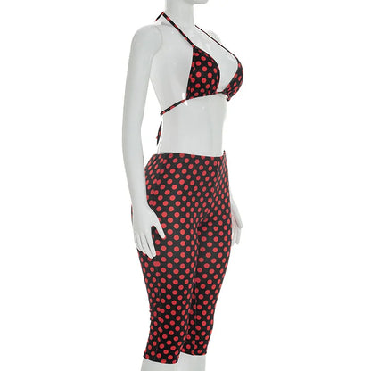 FAGADOER Sexy Woman 3 Piece Set Outfit Polka Dot Print Patchwork Short Sleeve Crop Top and Pants Matching Female Streetwear New