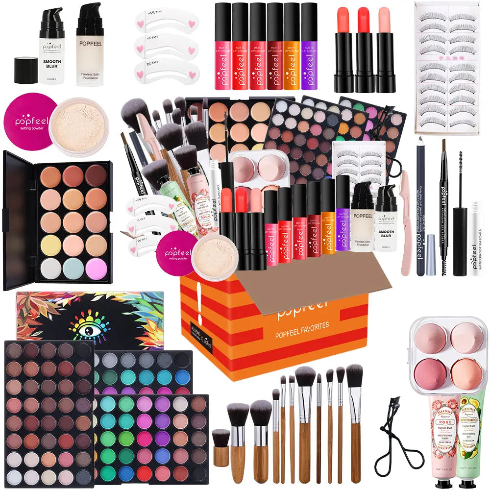 POPFEEL Complete All-in-One Makeup Kit with Brush - Full Face Beauty Set, Berry & Neutral Tones Foundation, Blush, Eyeshadow Pal