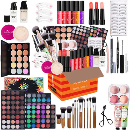 POPFEEL Complete All-in-One Makeup Kit with Brush - Full Face Beauty Set, Berry & Neutral Tones Foundation, Blush, Eyeshadow Pal
