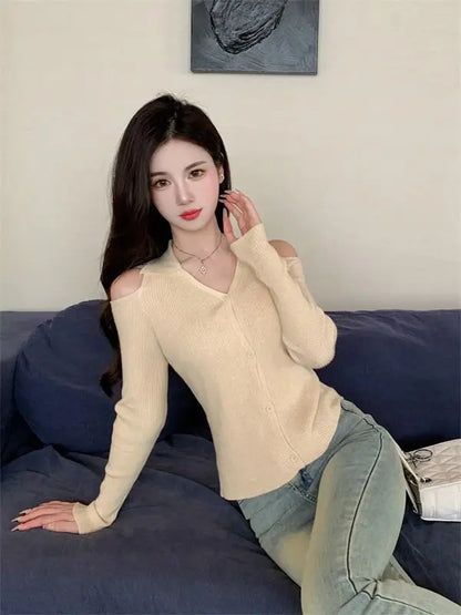 Women Clothing Autumn Fashion Simplicity All-match Screw Thread Knitting Female Solid Color V-neck Slim Sweater Pullovers Tops