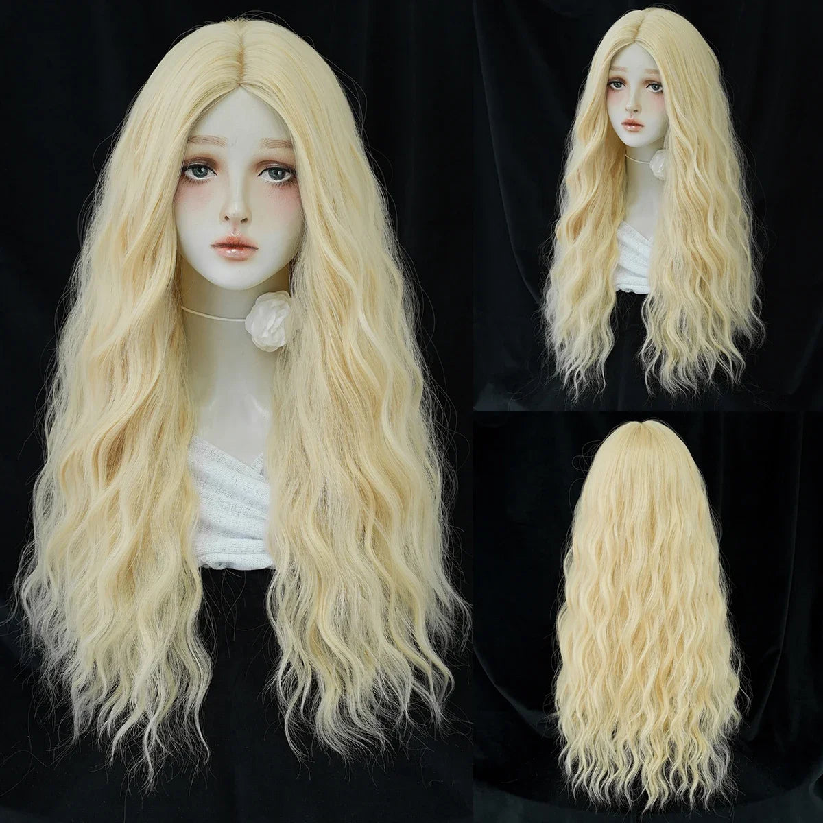 PARK YUN Extra Long Blonde Cosplay Wigs With Bangs Loose Long Curly Blonde Lolita Wig Synthetic Heat Resistant  Wig 44 Inch