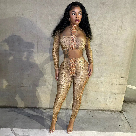2026 Snake Print Sexy 2 Piece Set Women Spring Autumn Halter Long Sleeve Crop Tops+Pants Matching Stretch Streetwear Outfits