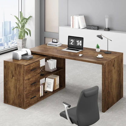 Black L Shaped Computer Desk with Drawers, L Shaped Home Office Desk with Storage Cabinet Shelves, Reversible, Customized