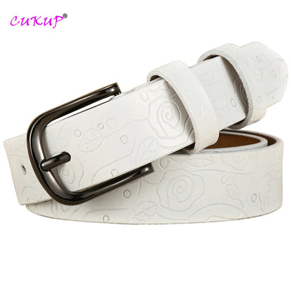 Fashion Design Floral Pattern Rose Red Genuine Leather Female Belt Women's Pin Buckle Metal Belts 28mm Wide 2023 FCO082