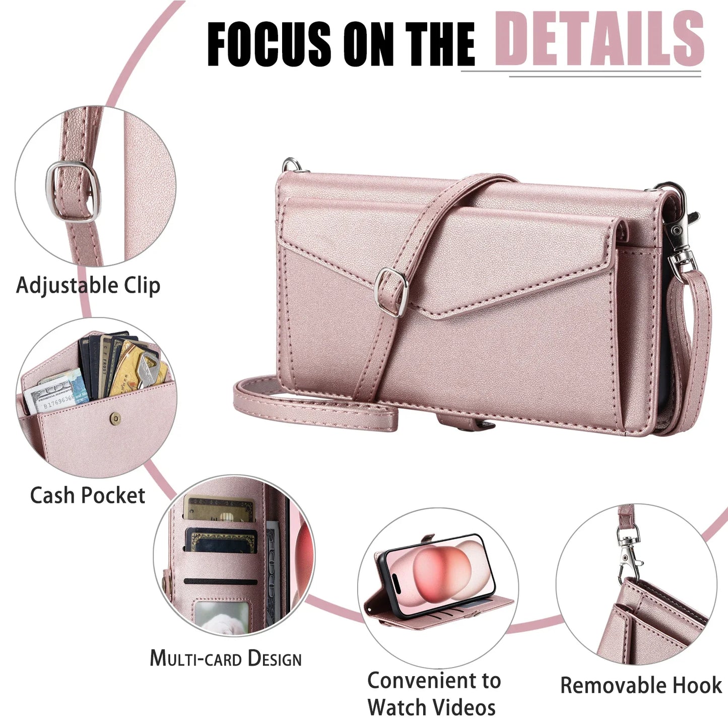 Crossbody Leather Wallet Case For iPhone17 16 Pro Air 16E 15 14 13 12 11 Pro Max XS XR SE 8 7 Card Solt Pocket Shoulder Cover