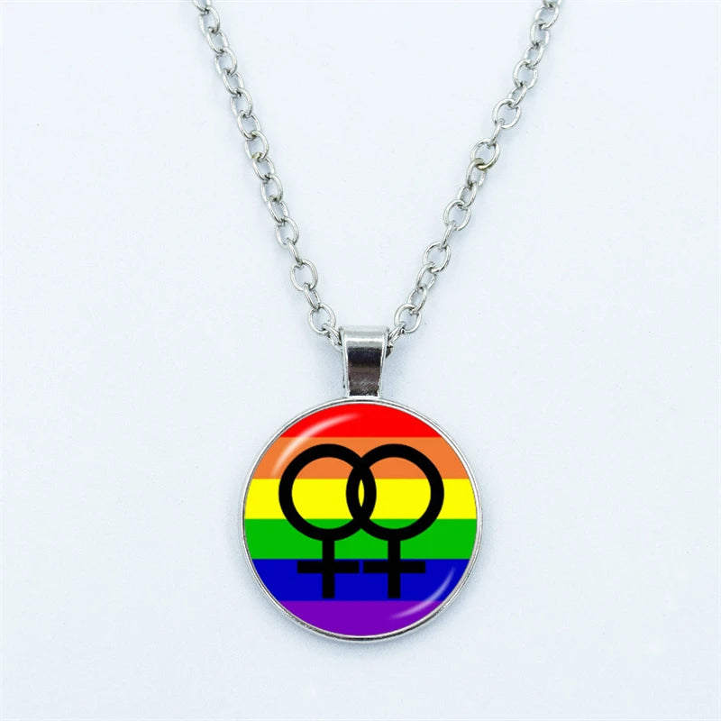 Rainbow Necklace LGBT Lesbian Gay Pride Rainbow Friendly Print Art Pattern Glass Cabochon Pendant Couple Chain Necklace Gift