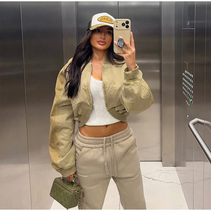 Women Khaki Cropped Bomber Jacket Chic Lapel Zipper Pocket Long Sleeve Short Coat Casual 2026 New Lady Street Daily Crop Outwear