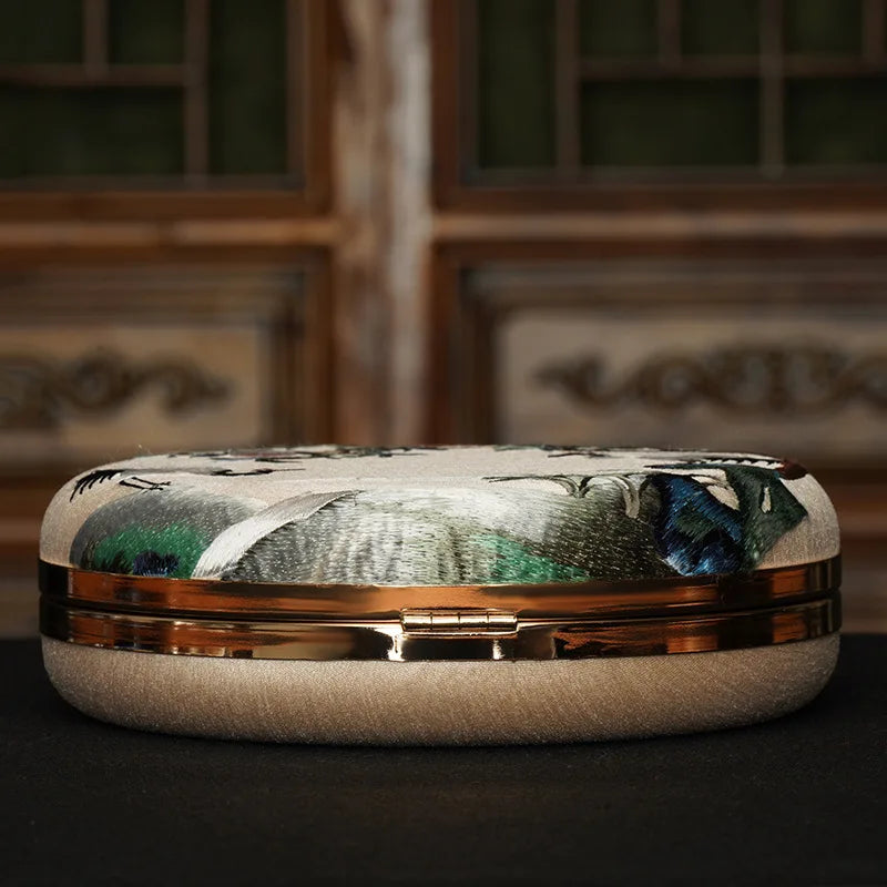 Cape-Bay Brand Women's Bag, Elegant and Classy Small Handbag, Shoulder Bag, Round Bag, Crossbody Bag, Classical Beauty, Retro Fashion, Chinese Suzhou-Style Embroidery, Landscape Painting, Floral and Bird Motifs, Beautiful Min
